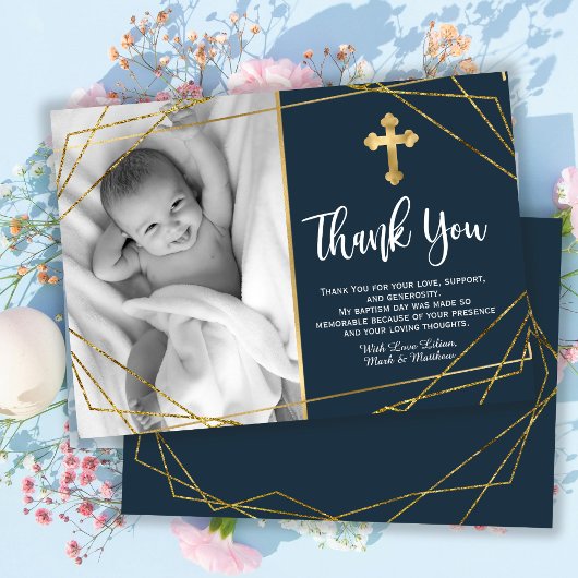 Gold and Navy Blue Baptism Merci Cartes
