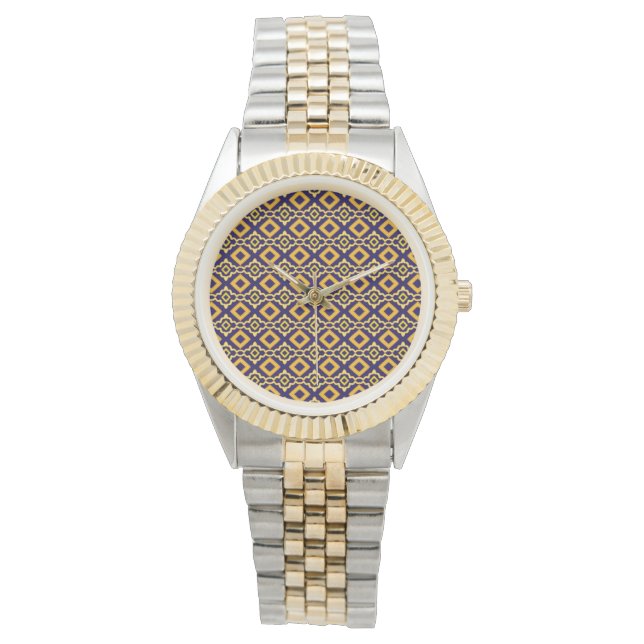 Gold and Navy Diamond Pattern Horloge (Voorkant)