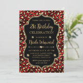 Gold and Red Leopard Print Birthday Party Kaart (Staand voorkant)