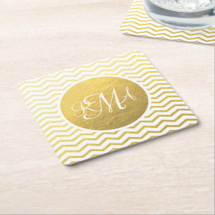 Gold and White Chevron Monogrammed Personalized Vierkante Kartonnen Onderzetter