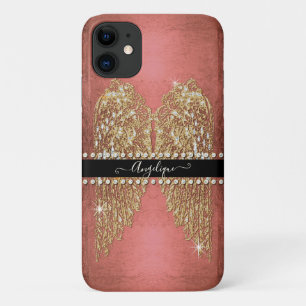 Gold Angel Wings Bright Pink Foil Diamond Jewel iPhone 11 Hoesje
