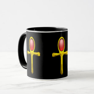 GOLD ANKH, RED TALISMAN EGYPTIAN JEWEL Black Mok