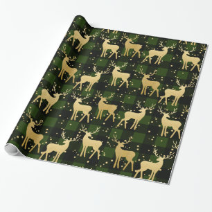 Gold Antler Reindeer Green   Buffalo Pset Pattern Cadeaupapier