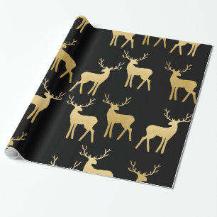 Gold Antler Reindeer Holiday Elegant Black Cadeaupapier