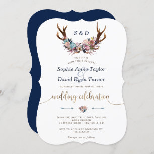 Gold Antlers Dusty Blue Floral Wedding Invitation