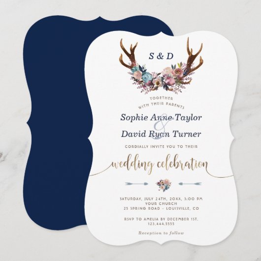 Gold Antlers Dusty Blue Floral Wedding Invite Kaart (Voorkant / Achterkant)