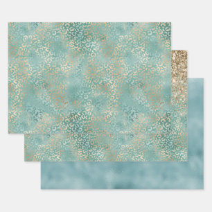 Gold Aqua Blauwgroen Turquoise Glam Leopard Print Inpakpapier Vel