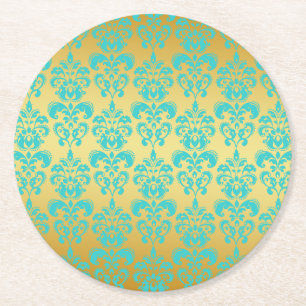 Gold, Aqua Blue Damask Patroon 2 Ronde Kartonnen Onderzetter