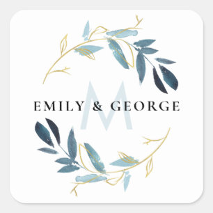 GOLD AQUA BLUE FOLIAGE MONOGRAM WREATDING VIERKANTE STICKER