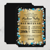 GOLD Aqua Gold Stars Bar Bat mitzvah Invitation (Devant / Derrière)