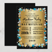 GOLD Aqua Gold Stars Bar Bat mitzvah Invitation (Devant / Derrière)