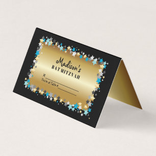 GOLD Aqua Gold Stars Bar Bat Mitzvah Table Seating Visitekaartjes
