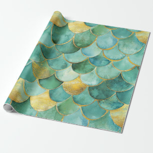 Gold Aqua Mermaid Scale Waterverf Pattern Cadeaupapier