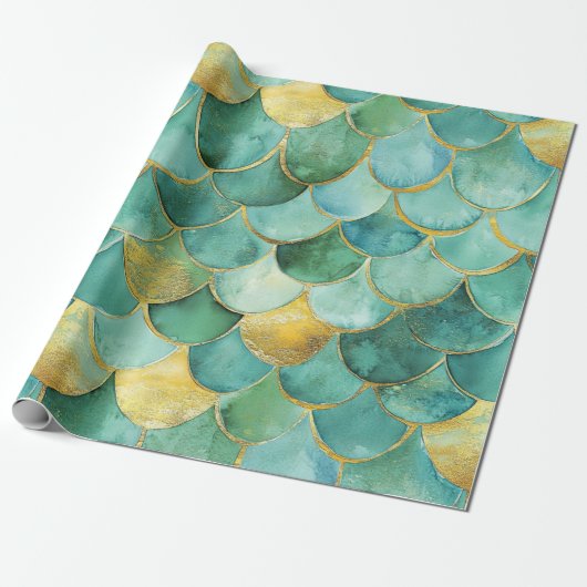 Gold Aqua Mermaid Scale Waterverf Pattern Cadeaupapier (Uitgerold)