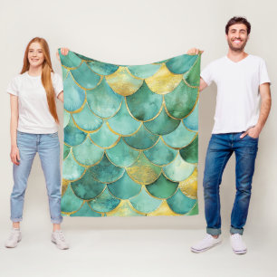 Gold Aqua Mermaid Scale Waterverf Pattern Fleece Deken