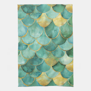 Gold Aqua Mermaid Scale Waterverf Pattern Theedoek