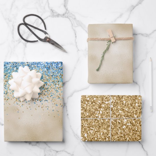 Gold Aqua Paars Glitter Sparkle Inpakpapier Vel (Voorkant)