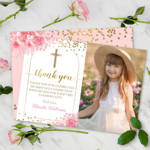 Gold Arch Pink Floral First Heilige Communfoto Bedankkaart