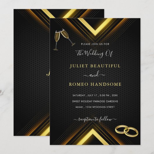 Gold Arrows Modern Golden Black Wedding Invitation (Voorkant / Achterkant)