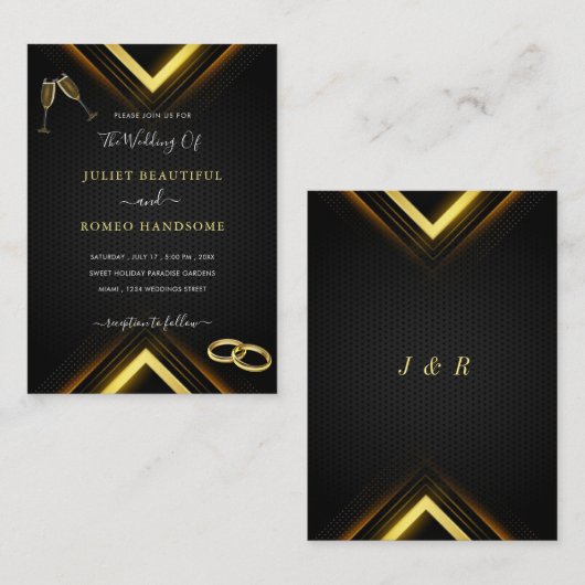 Gold Arrows Modern Golden Black Wedding Invitation Notitiekaartje (Voorkant / Achterkant)