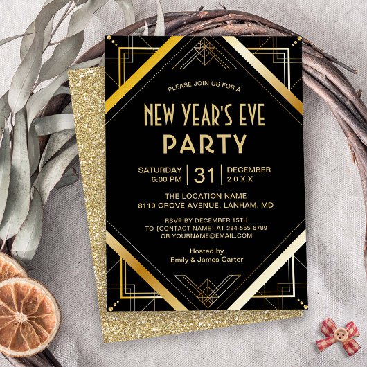 Gold Art Deco Gatsby New Years Eve Party Invite Kaart