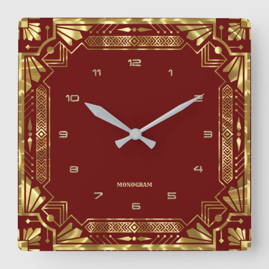 Gold Art Deco-Lijst op donkerrood Vierkante Klok (Voorkant)