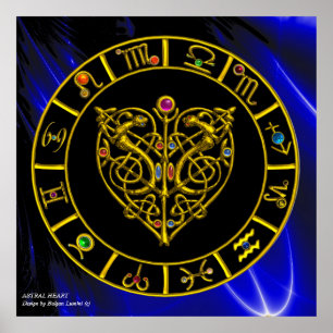 GOLD ASTRAL HEART ZODIAC SIGNE Black Blue Poster
