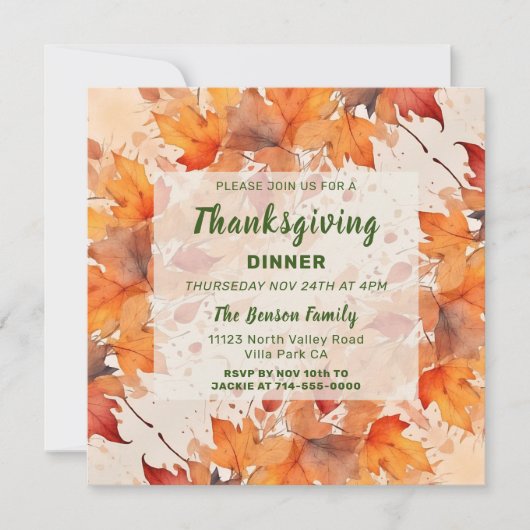 Gold Automne quitte Thanksgiving Diner Invitation (Devant)