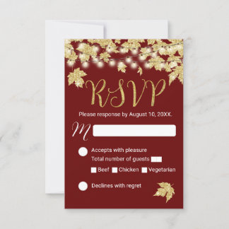 Gold Autumn Leaves Burgundy Fall Wedding RSVP Kaartje