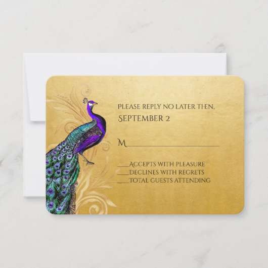 Gold avec Peacock Wedding carte RSVP (Devant)