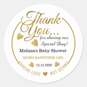 Gold Baby shower Spread Love Hand Sanitizer Favor Ronde Sticker