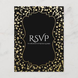 Gold Baby's Breath Floral Chic Black Wedding RSVP Uitnodiging Briefkaart