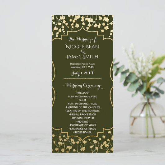 Gold Baby's Breath Floral Olive Trouwprogramma Programma (Staand voorkant)