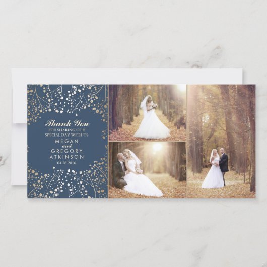 Gold Baby's Breath Navy Trouwfoto Dank u Bedankkaart (Voorkant)