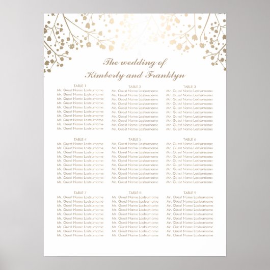 Gold Baby's Breath White Wedding Seating Chart Poster (Voorkant)
