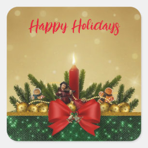 Gold Background with Pine Tree and Saint and Fat Vierkante Sticker