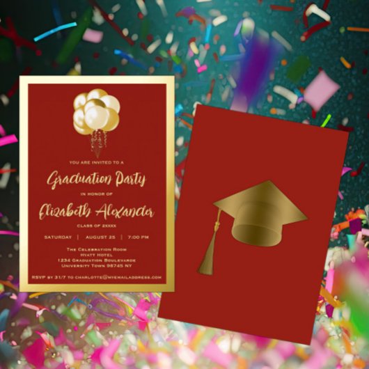 Gold Ballons Red Graduation Party Foil Invitation