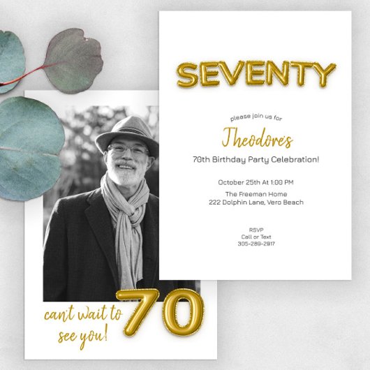 Gold Balloon 70th Birthday Photo Invitation