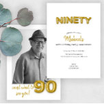 Gold Balloon 90th Birthday Photo Invitation<br><div class="desc">Célébrez quatre-vingt-dix années incroyables avec cet élégant ballon d'or 90e anniversaire invitation photo. Doté de "NINETY" en lettres de bulle d'or fantaisie et d'un espace pour une photo personnalisée, ce design intemporel est parfait pour honorer une vie bien vécue. Customisez sans effort le nom, l'heure de la fête, l'emplacement et...</div>