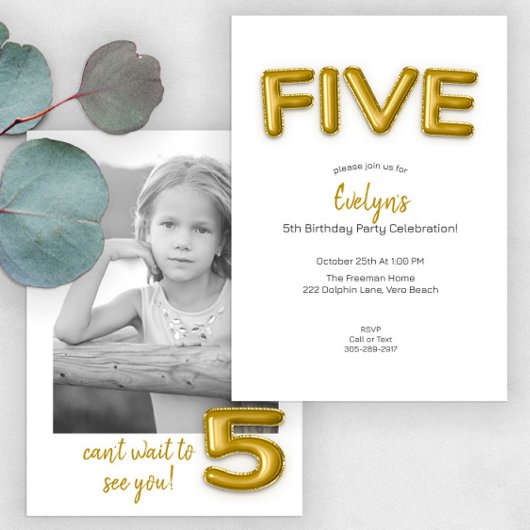 Gold Balloon cinquième anniversaire Invitation pho