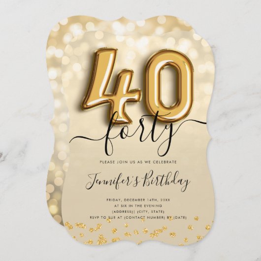 Gold Balloon Glitter 40th Birthday Party Invite Kaart (Voorkant / Achterkant)