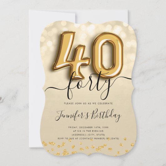 Gold Balloon Glitter 40th Birthday Party Invite Kaart (Voorkant)
