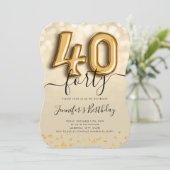 Gold Balloon Glitter 40th Birthday Party Invite Kaart (Staand voorkant)