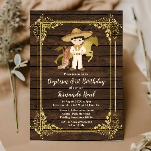 Gold Baptism First Birthday Mexican Rustic Wood Kaart