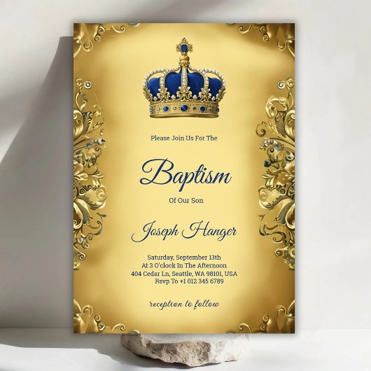 Gold baptism invitation with an ornate invitation 