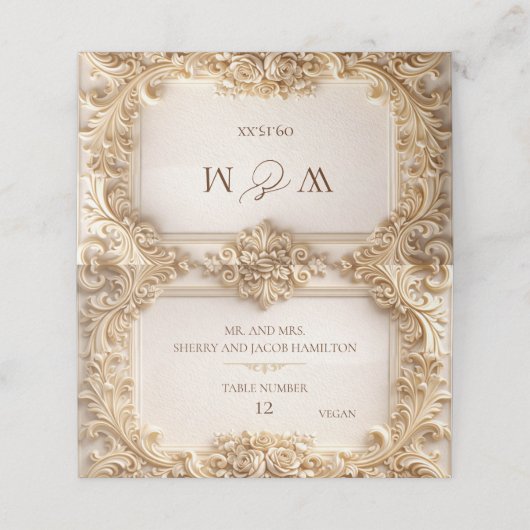 Gold Baroque Monogram Frame Ivory Place Card (Buitenkant ongevouwen)
