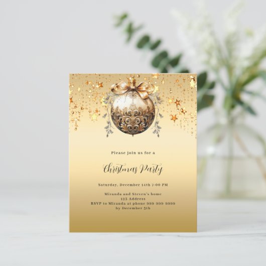 Gold bauble sterren Kerstfeest uitnodiging (Staand voorkant)