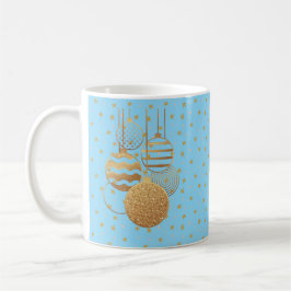 Gold baubles and stars on an ice blue background koffiemok