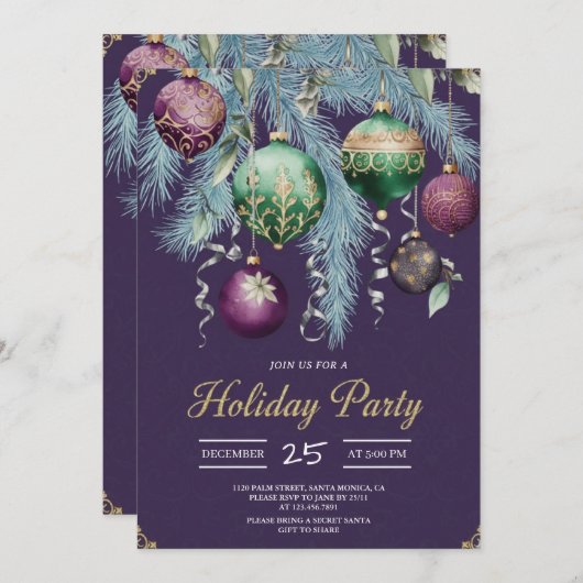 Gold Baubles Christmas Tree Party Invitation (Devant / Derrière)