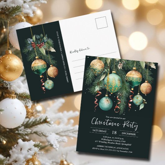 Gold Baubles Christmas Tree Party Invitation